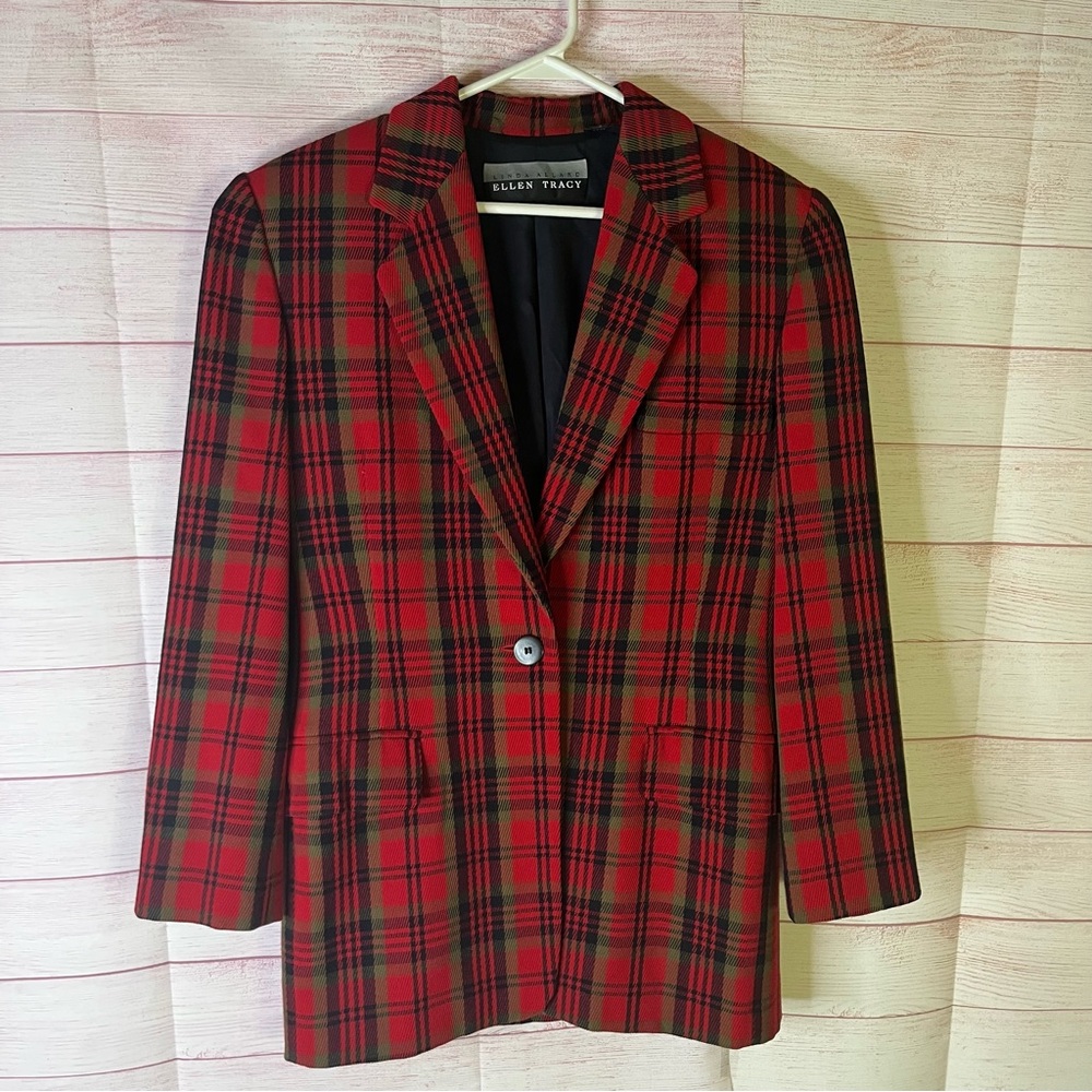 Linda Allard Ellen Tracy 100% Wool Red One Button Plaid Blazer Size 4